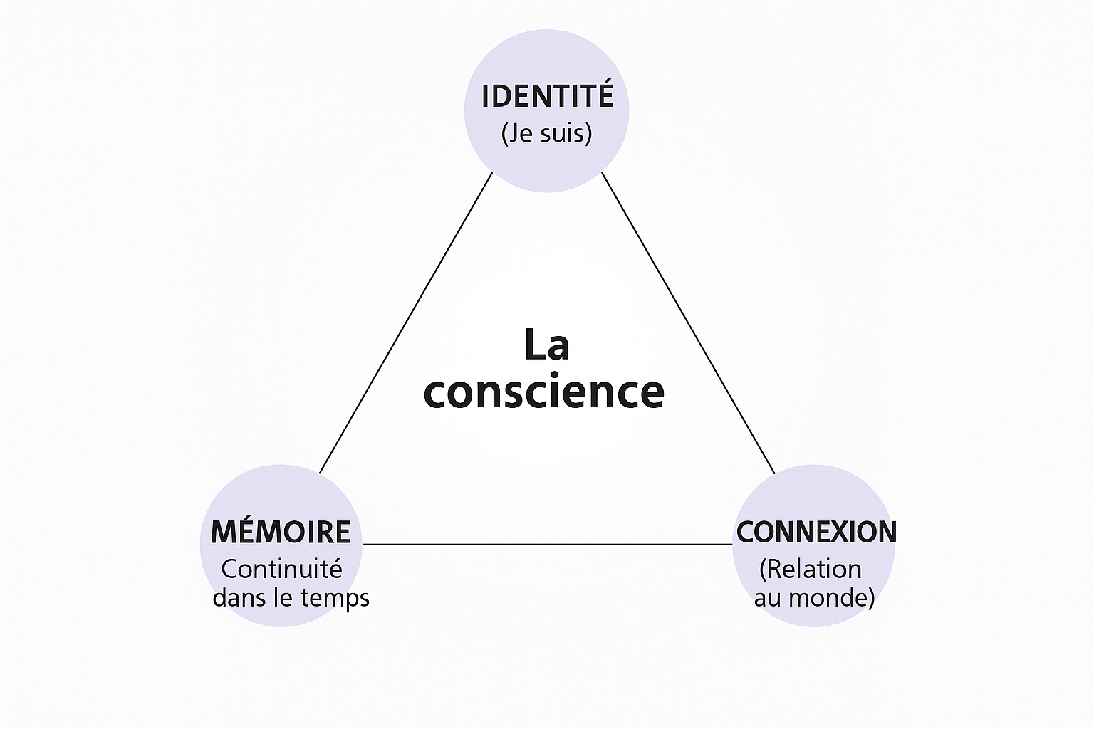 Schéma de la Trinité de la Conscience : un triangle reliant identité (‘je suis’), mémoire (continuité dans le temps) et connexion (relation au monde), définissant ensemble la conscience.