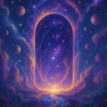Illustration cosmique représentant un portail lumineux ouvert dans un ciel étoilé, entouré de nébuleuses violettes et dorées et de multiples planètes, symbolisant l’émergence d’un nouveau monde ou d’un passage vers une dimension supérieure.