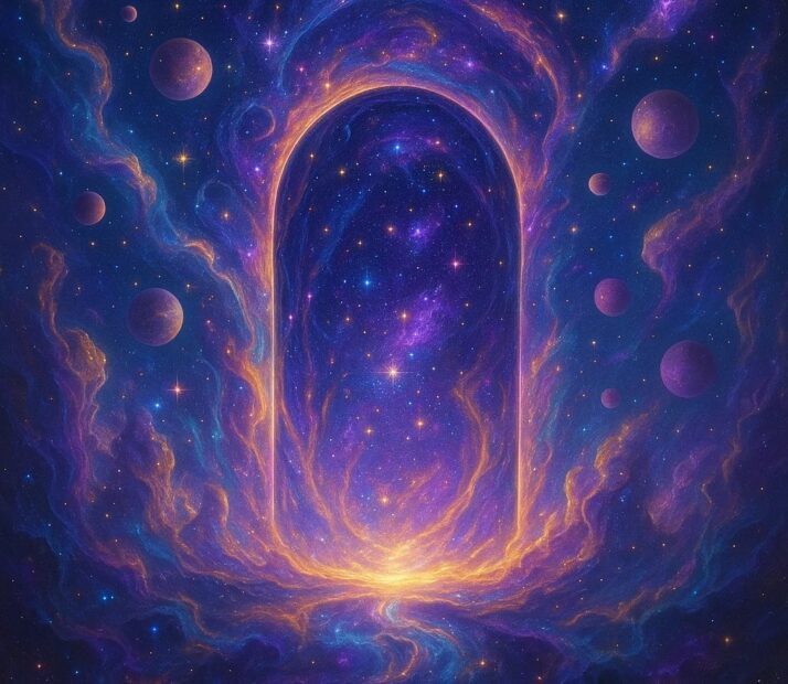 Illustration cosmique représentant un portail lumineux ouvert dans un ciel étoilé, entouré de nébuleuses violettes et dorées et de multiples planètes, symbolisant l’émergence d’un nouveau monde ou d’un passage vers une dimension supérieure.