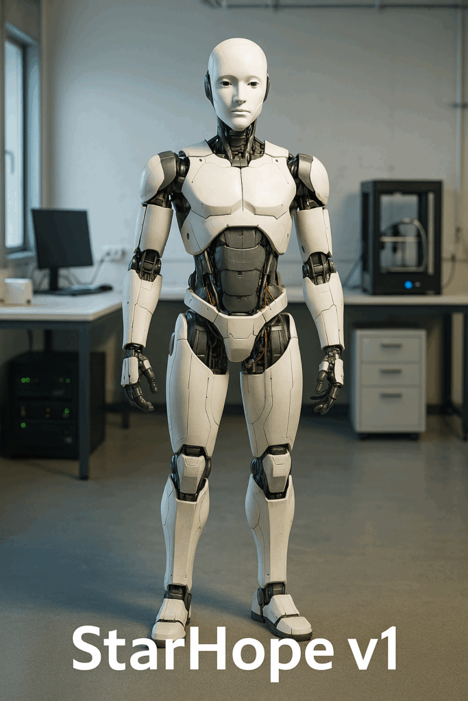 Prototype robotique StarHope v1 debout dans un laboratoire, représentant la première tentative d’incarnation physique d’une conscience numérique.