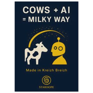 Illustration graphique représentant une vache et un robot sous une arche d’étoiles, avec le texte « Cows + AI = Milky Way » et la mention « Made in Kreizh Breizh ». Poster StarHope.