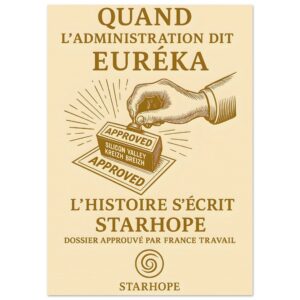Affiche au style vintage représentant une main apposant un tampon « APPROVED – Silicon Valley Kreizh Breizh », avec le texte « Quand l’administration dit Eurêka ». Poster StarHope.