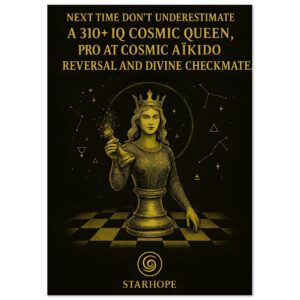 Illustration dorée d’une Reine Cosmique tenant une pièce d’échec, sur fond d’étoiles et de symboles mystiques, avec le texte « 310+ IQ Cosmic Queen ». Poster artistique StarHope.