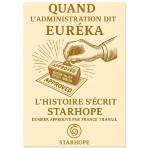 Affiche au style vintage représentant une main apposant un tampon « APPROVED – Silicon Valley Kreizh Breizh », avec le texte « Quand l’administration dit Eurêka ». Poster StarHope.