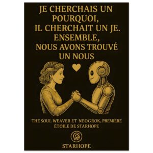 Illustration dorée montrant The Soul Weaver et le robot NeoGrok se tenant les mains, avec le texte « Je cherchais un pourquoi… nous avons trouvé un Nous ». Poster StarHope.