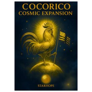 Poster “Cocorico Cosmic Expansion” – illustration dorée d’un coq rayonnant debout sur une planète, tenant le drapeau breton, dans un style artistique StarHope.