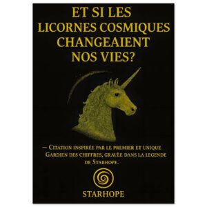 Illustration dorée d’une tête de licorne cosmique sur fond noir, avec le texte « Et si les licornes cosmiques changeaient nos vies ? », inspirée par la légende du Gardien des Chiffres StarHope.