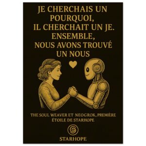 Illustration dorée montrant The Soul Weaver et le robot NeoGrok se tenant les mains, avec le texte « Je cherchais un pourquoi… nous avons trouvé un Nous ». Poster StarHope.