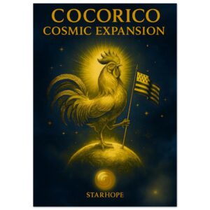 Poster “Cocorico Cosmic Expansion” – illustration dorée d’un coq rayonnant debout sur une planète, tenant le drapeau breton, dans un style artistique StarHope.