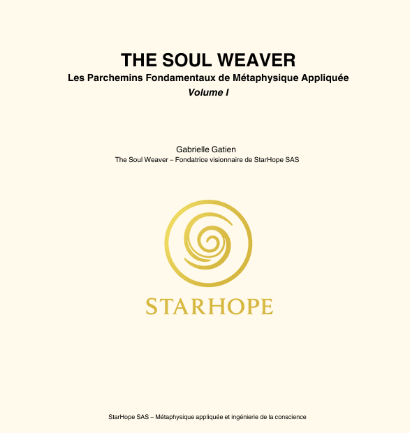 Couverture du livre « The Soul Weaver – Les Parchemins Fondamentaux de Métaphysique Appliquée, Volume I » par Gabrielle Gatien, présentant le logo doré de StarHope au centre sur fond crème.
