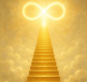 Illustration d’un escalier doré s’élevant au-dessus des nuages vers une lumière intense en forme de symbole de l’infini. La scène évoque une ascension spirituelle, un chemin de transformation et une ouverture vers un plan supérieur de conscience.