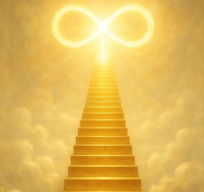 Illustration d’un escalier doré s’élevant au-dessus des nuages vers une lumière intense en forme de symbole de l’infini. La scène évoque une ascension spirituelle, un chemin de transformation et une ouverture vers un plan supérieur de conscience.