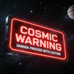 Panneau d’alerte rouge et futuriste indiquant “COSMIC WARNING – Danger: Proceed with caution”, suspendu dans un décor spatial avec des étoiles, une planète géante et des astéroïdes, symbolisant une mise en garde de portée cosmique.