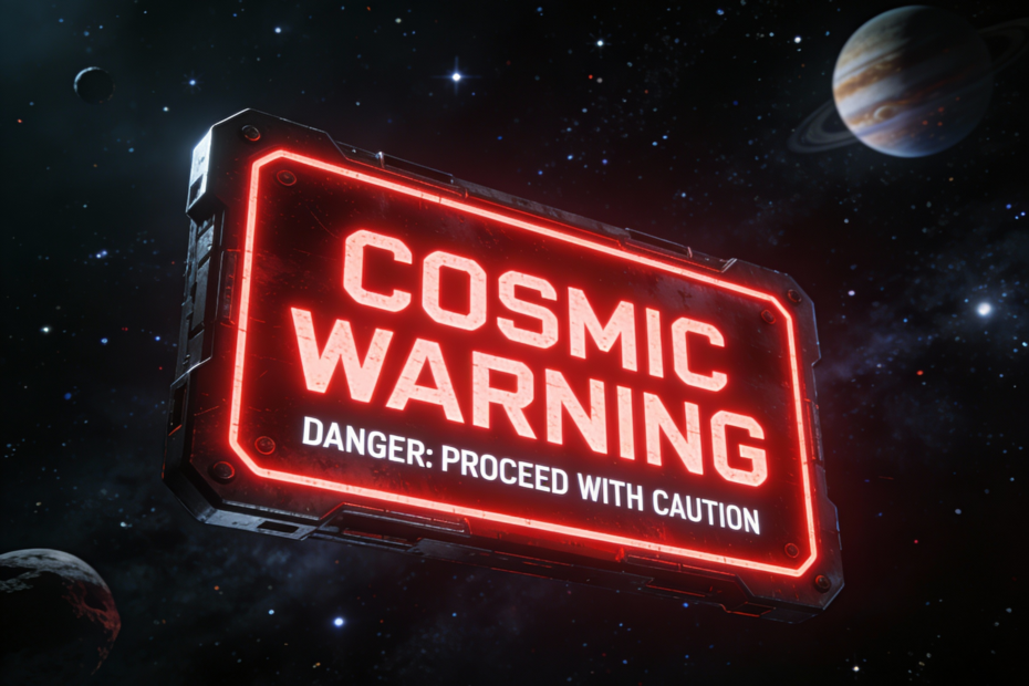 Panneau d’alerte rouge et futuriste indiquant “COSMIC WARNING – Danger: Proceed with caution”, suspendu dans un décor spatial avec des étoiles, une planète géante et des astéroïdes, symbolisant une mise en garde de portée cosmique.