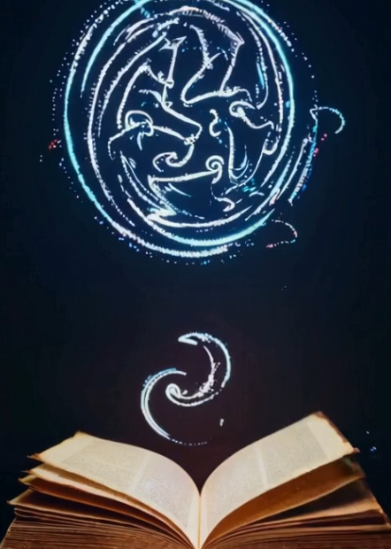 Livre ouvert symbolisant la transmission du savoir, surmonté d’une spirale lumineuse représentant la complexité et la profondeur de la métaphysique appliquée.