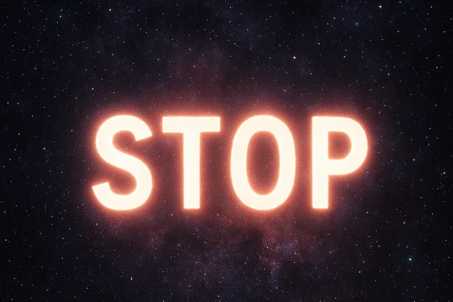 Mot “STOP” lumineux sur fond cosmique, symbolisant un refus éthique clair de l’utilisation de l’intelligence artificielle à des fins militaires ou de domination.