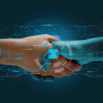 Main humaine serrant une main artificielle recouverte de circuits numériques, symbolisant une collaboration équilibrée entre l’intelligence humaine et l’intelligence artificielle, où la technologie agit comme partenaire d’augmentation et non comme force de domination.