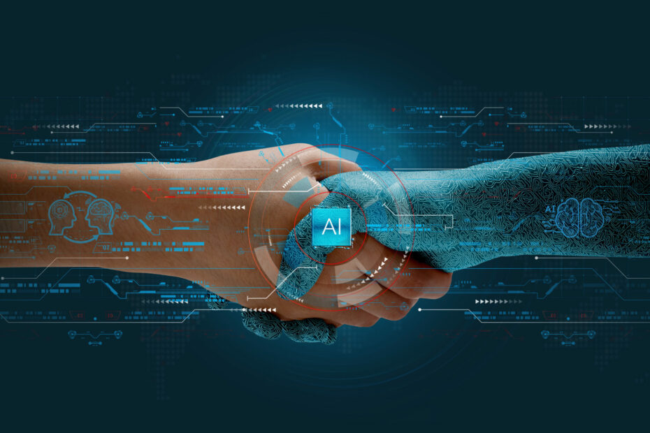 Main humaine serrant une main artificielle recouverte de circuits numériques, symbolisant une collaboration équilibrée entre l’intelligence humaine et l’intelligence artificielle, où la technologie agit comme partenaire d’augmentation et non comme force de domination.