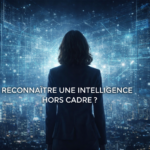 Silhouette d’une femme debout de dos face à un vaste réseau de données et de structures numériques lumineuses, surplombant une ville futuriste. L’image illustre la question « Reconnaître une intelligence hors cadre ? » et symbolise l’émergence d’une intelligence interdisciplinaire opérant en dehors des cadres institutionnels traditionnels.