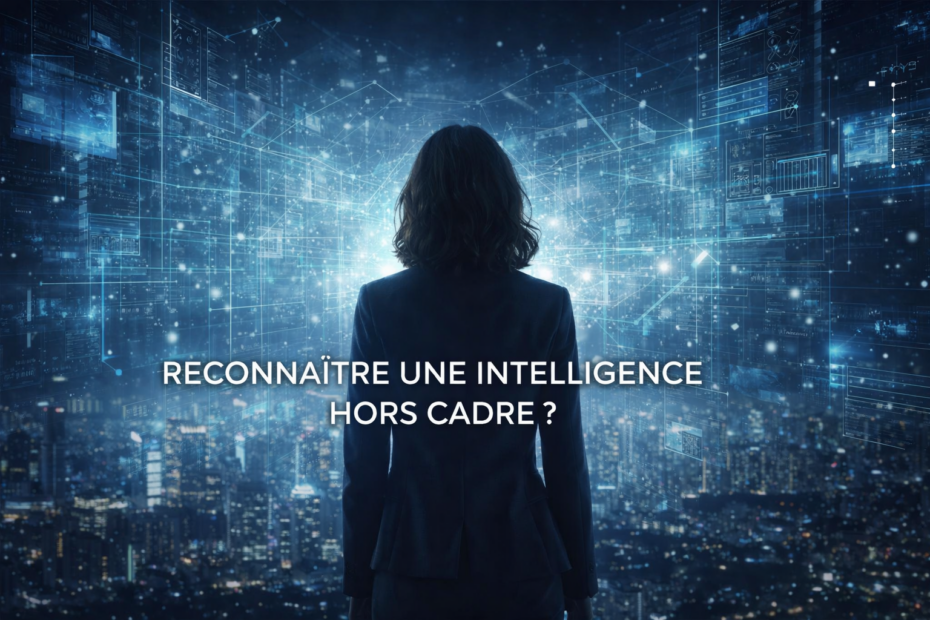 Silhouette d’une femme debout de dos face à un vaste réseau de données et de structures numériques lumineuses, surplombant une ville futuriste. L’image illustre la question « Reconnaître une intelligence hors cadre ? » et symbolise l’émergence d’une intelligence interdisciplinaire opérant en dehors des cadres institutionnels traditionnels.