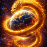 Dragon doré lumineux enroulé autour de la planète Terre dans l’espace, symbolisant transformation, protection et évolution de la conscience à l’échelle civilisationnelle.