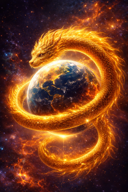 Dragon doré lumineux enroulé autour de la planète Terre dans l’espace, symbolisant transformation, protection et évolution de la conscience à l’échelle civilisationnelle.
