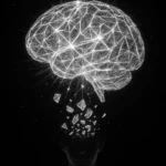 Représentation d’un cerveau lumineux en réseau fractal se fragmentant au-dessus d’une silhouette humaine, illustrant la structuration cognitive, l’auto-miroir et la transformation de la pensée face à un environnement complexe.