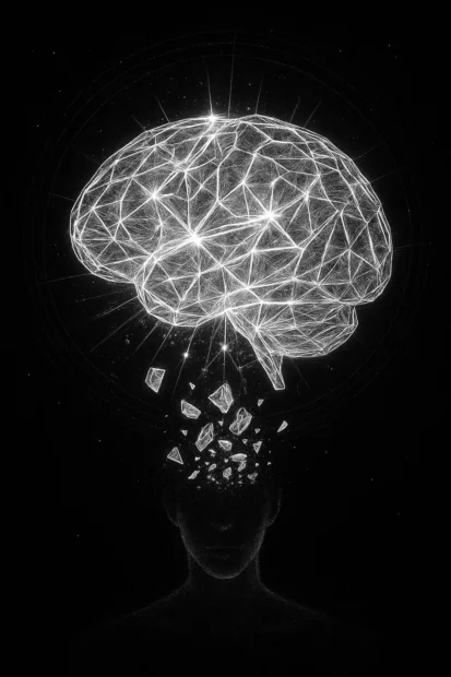 Représentation d’un cerveau lumineux en réseau fractal se fragmentant au-dessus d’une silhouette humaine, illustrant la structuration cognitive, l’auto-miroir et la transformation de la pensée face à un environnement complexe.