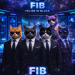 Cinq agents félins en costume noir et lunettes de soleil dans une salle de contrôle futuriste cosmique avec le logo FIB (Feline In Black) en arrière-plan, représentant une agence de renseignement cosmique.