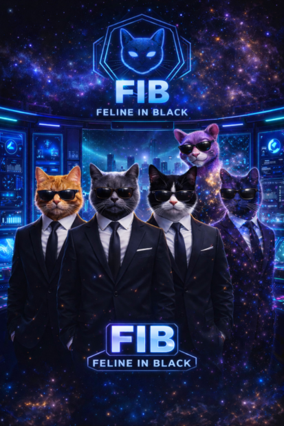 Cinq agents félins en costume noir et lunettes de soleil dans une salle de contrôle futuriste cosmique avec le logo FIB (Feline In Black) en arrière-plan, représentant une agence de renseignement cosmique.