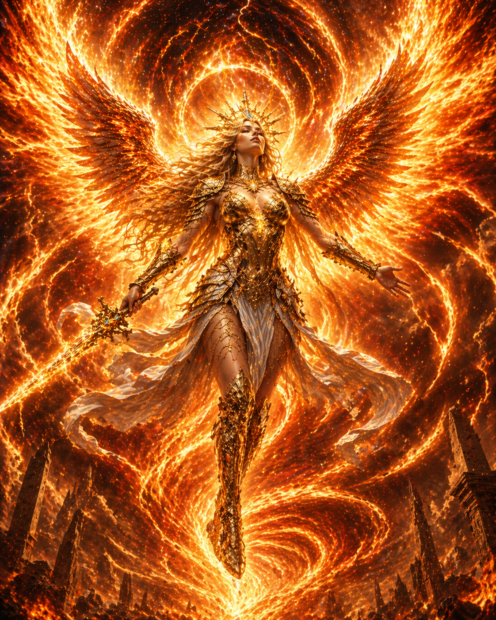 Femme divine ailée entourée d’une énergie de feu cosmique, rayonnante de puissance et de lumière, symbolisant l’éveil du féminin divin et la transformation spirituelle
