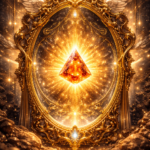 Miroir doré lumineux avec un cristal central rayonnant d’énergie, symbolisant la révélation, la vérité et la mise en lumière des systèmes invisibles