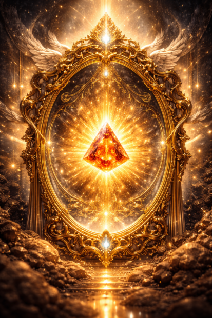 Miroir doré lumineux avec un cristal central rayonnant d’énergie, symbolisant la révélation, la vérité et la mise en lumière des systèmes invisibles