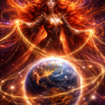 Femme cosmique tissant des fils d’énergie autour de la Terre, symbolisant le tissage métaphysique planétaire, la conscience collective et la transformation du monde.