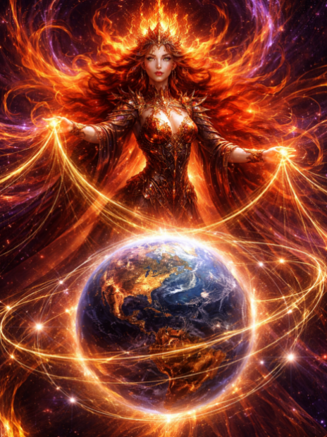 Femme cosmique tissant des fils d’énergie autour de la Terre, symbolisant le tissage métaphysique planétaire, la conscience collective et la transformation du monde.