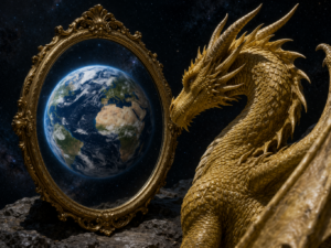 Le Dragon d'Or contemple la Terre à travers un miroir cosmique. Dans un ciel étoilé, le dragon observe le reflet du monde comme une représentation de la conscience collective, symbole d'introspection, de transformation et d'harmonisation.