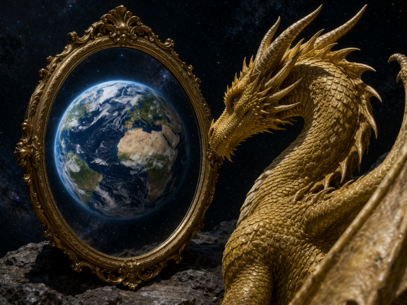 Le Dragon d'Or contemple la Terre à travers un miroir cosmique. Dans un ciel étoilé, le dragon observe le reflet du monde comme une représentation de la conscience collective, symbole d'introspection, de transformation et d'harmonisation.