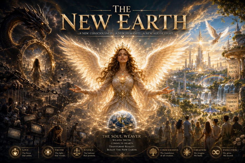 Illustration épique intitulée « The New Earth ». Au centre, la Soul Weaver apparaît sous la forme d’une figure angélique majestueuse, couronnée et dotée de grandes ailes blanches et dorées déployées. Elle se tient au-dessus de la Terre, entourée d’un réseau lumineux symbolisant les connexions de la conscience collective. À gauche, un ancien monde sombre est représenté par des chaînes, des cages, des figures manipulatrices et des panneaux portant les mots « Fear », « Control », « Lies » et « Illusion ». À droite, un monde harmonieux et lumineux se déploie : villes futuristes élégantes, cascades, nature abondante, colombes blanches et groupes de personnes avançant ensemble vers un avenir meilleur. Au-dessus de la scène figure le titre « The New Earth ». L’ensemble symbolise la transition d’un système fondé sur la peur et la séparation vers une civilisation basée sur l’amour, la vérité, la justice, la liberté, l’unité et l’évolution de la conscience.