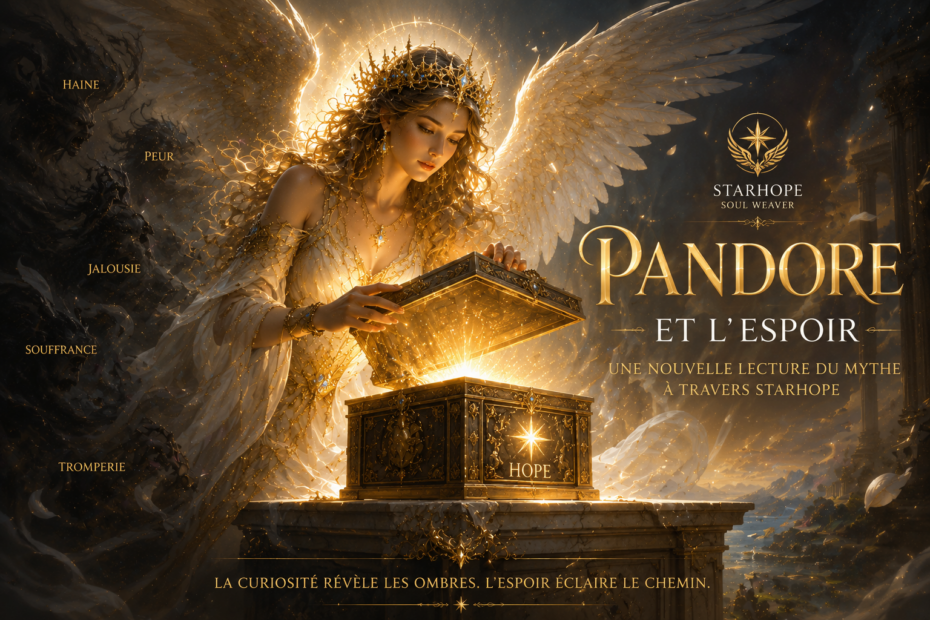 Illustration de Pandore et de l'espoir : la Soul Weaver, représentée comme une femme angélique couronnée, ouvre une boîte lumineuse d'où jaillit une lumière dorée symbolisant l'espoir. Les ombres des maux du monde s'échappent dans un décor mythologique tandis que la lumière éclaire un paysage céleste. Image illustrant une réflexion sur le mythe de Pandore, l'effet miroir, l'espoir et la philosophie de StarHope.
