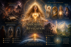 Illustration symbolique de l'Apocalypse comme Révélation. Au centre, la Soul Weaver rayonne d'une lumière dorée, un cœur lumineux sur la poitrine, représentant l'éveil de la conscience. À gauche, un monde en crise évoque la révélation de la vérité et le jugement où seules les intentions, les actes et l'âme demeurent. À droite, les archétypes de Gabriel, du Dragon d'Or, de Sophia et de la Soul Weaver illustrent les différentes étapes de la transformation. En bas à droite, un paysage lumineux représente la Nouvelle Terre, fondée sur l'Amour, la Vérité, la Justice, la coopération et le respect du vivant. L'ensemble symbolise le passage d'un ancien monde vers une civilisation renouvelée par la révélation, la conscience et la transformation intérieure.
