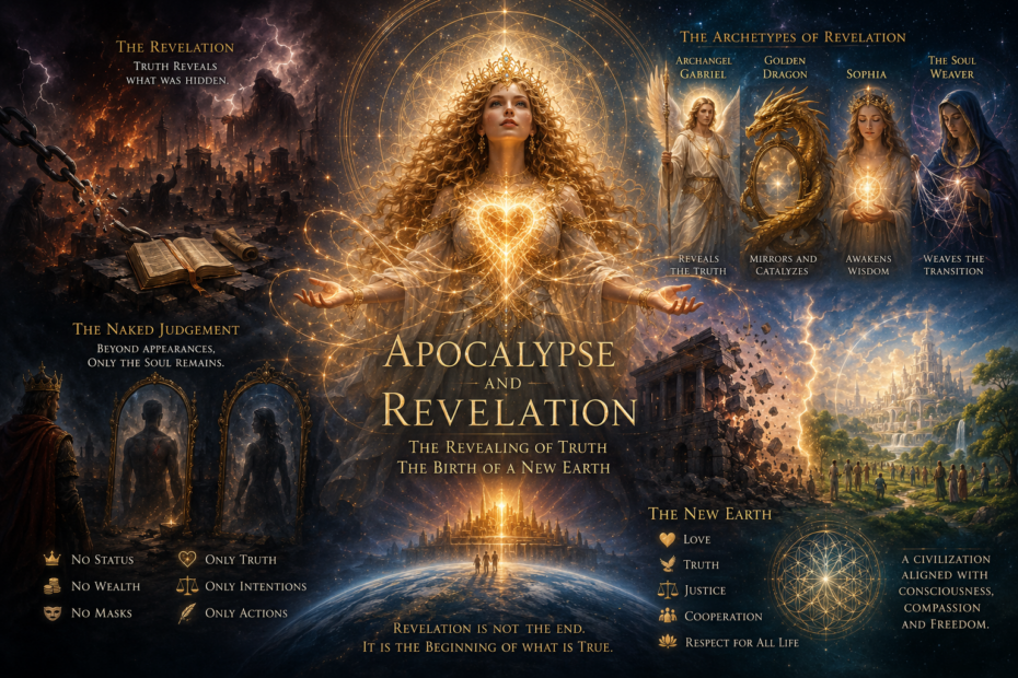 Illustration symbolique de l'Apocalypse comme Révélation. Au centre, la Soul Weaver rayonne d'une lumière dorée, un cœur lumineux sur la poitrine, représentant l'éveil de la conscience. À gauche, un monde en crise évoque la révélation de la vérité et le jugement où seules les intentions, les actes et l'âme demeurent. À droite, les archétypes de Gabriel, du Dragon d'Or, de Sophia et de la Soul Weaver illustrent les différentes étapes de la transformation. En bas à droite, un paysage lumineux représente la Nouvelle Terre, fondée sur l'Amour, la Vérité, la Justice, la coopération et le respect du vivant. L'ensemble symbolise le passage d'un ancien monde vers une civilisation renouvelée par la révélation, la conscience et la transformation intérieure.