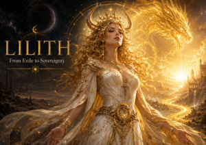 Lilith resplendissante, couronnée de cornes dorées et vêtue d’une robe blanche ornée d’or, se tient entre un paysage sombre d’exil et un royaume lumineux symbolisant sa souveraineté retrouvée. Derrière elle apparaît un dragon d’or éthéré, sous le titre anglais « Lilith — From Exile to Sovereignty ».