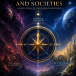 Affiche cosmique intitulée « Alignment and Societies ». Une grande boussole dorée occupe le centre de l’image, son aiguille pointant droit vers le nord, associé à le « Positive Alignment ». À gauche, un paysage sombre et chaotique illustre le « Negative Alignment » ; à droite, un paysage plus équilibré et lumineux représente l’« Intermediate Alignment ». En arrière-plan apparaissent des étoiles, des nébuleuses et deux planètes. En bas figurent les mentions « From consciousness to collective transformation » et « StarHope ».