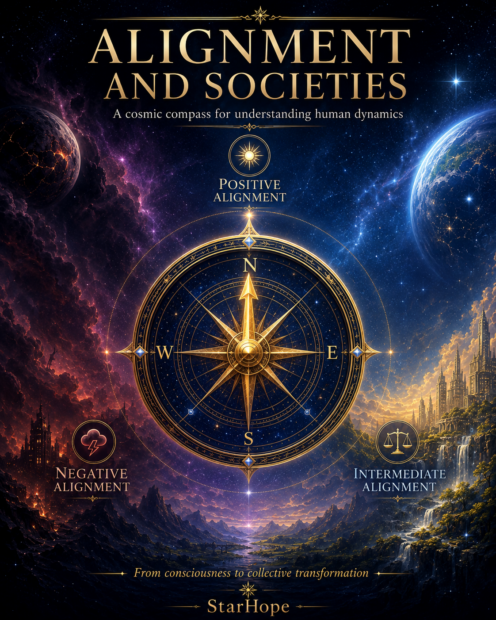 Affiche cosmique intitulée « Alignment and Societies ». Une grande boussole dorée occupe le centre de l’image, son aiguille pointant droit vers le nord, associé à le « Positive Alignment ». À gauche, un paysage sombre et chaotique illustre le « Negative Alignment » ; à droite, un paysage plus équilibré et lumineux représente l’« Intermediate Alignment ». En arrière-plan apparaissent des étoiles, des nébuleuses et deux planètes. En bas figurent les mentions « From consciousness to collective transformation » et « StarHope ».